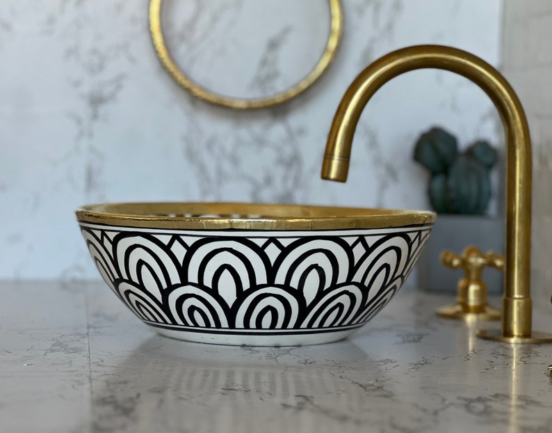 Handmade Moroccan Ceramic Sink Brass rim #128W