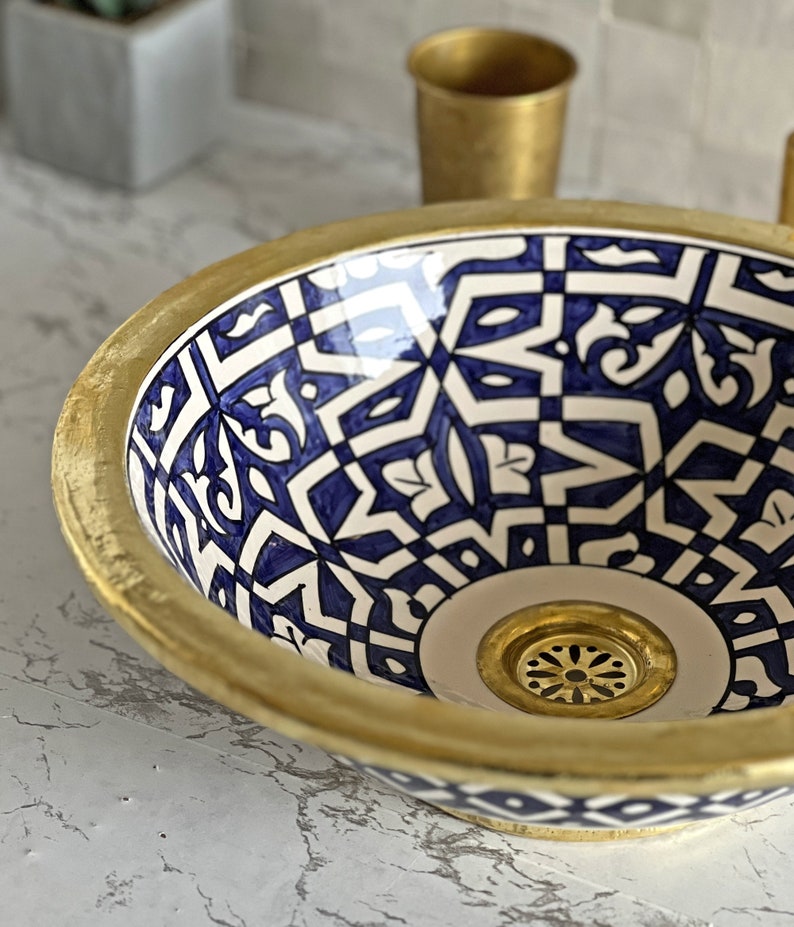 Handmade Moroccan Ceramic Sink Brass rim #127