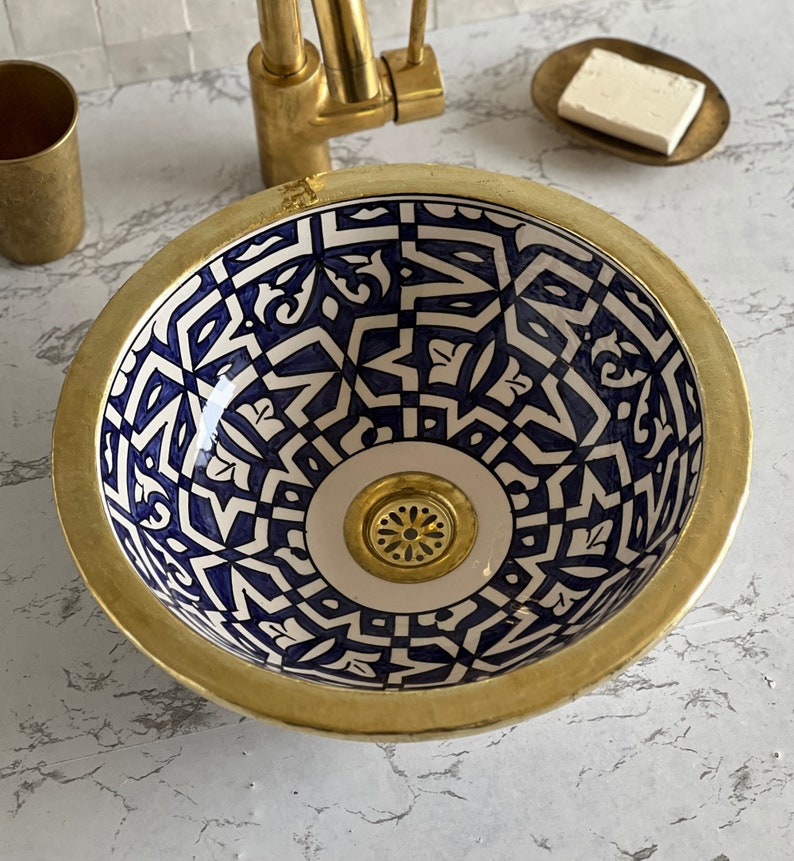 Handmade Moroccan Ceramic Sink Brass rim #127