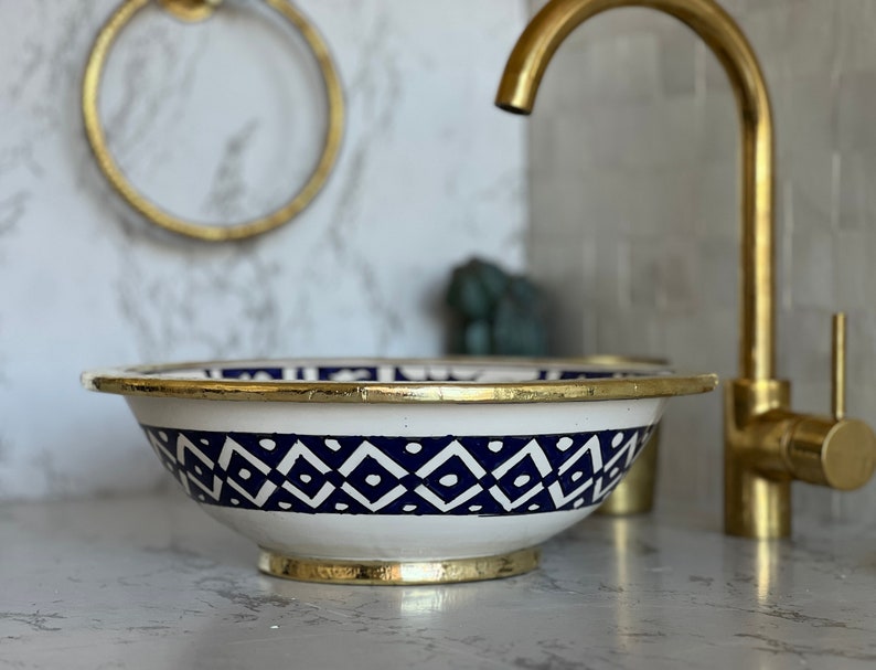 Handmade Moroccan Ceramic Sink Brass rim #127