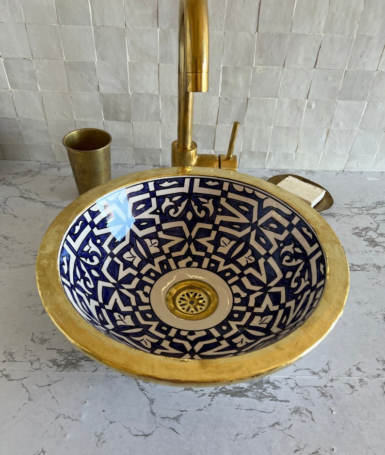 Handmade Moroccan Ceramic Sink Brass rim #127