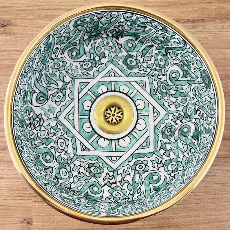  Handmade Moroccan Ceramic Sink Golden rim 14k karat #20M
