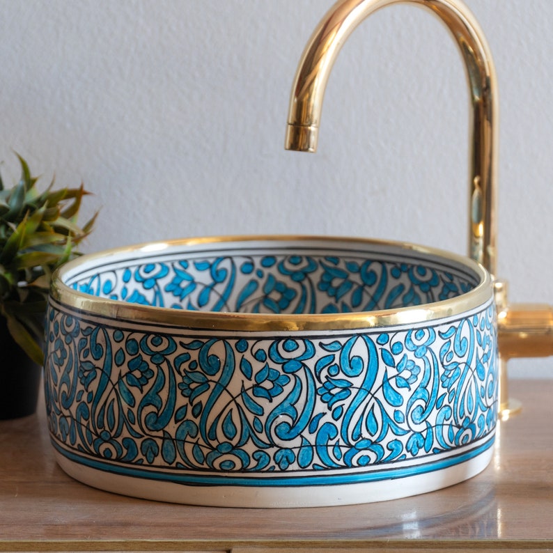 Handmade Moroccan Ceramic Sink Brass rim #116