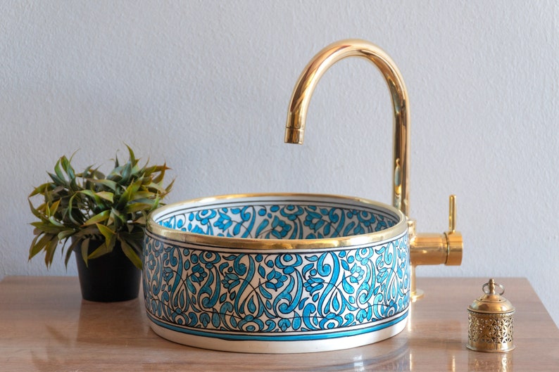 Handmade Moroccan Ceramic Sink Brass rim #116