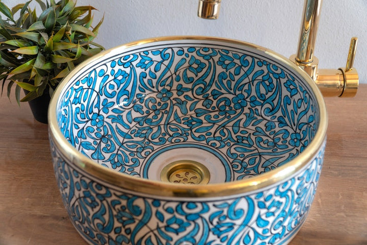 Handmade Moroccan Ceramic Sink Brass rim #116