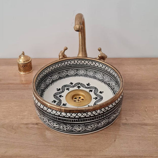  Moroccan ceramic sink for bathroom | Brushed solid brass rim