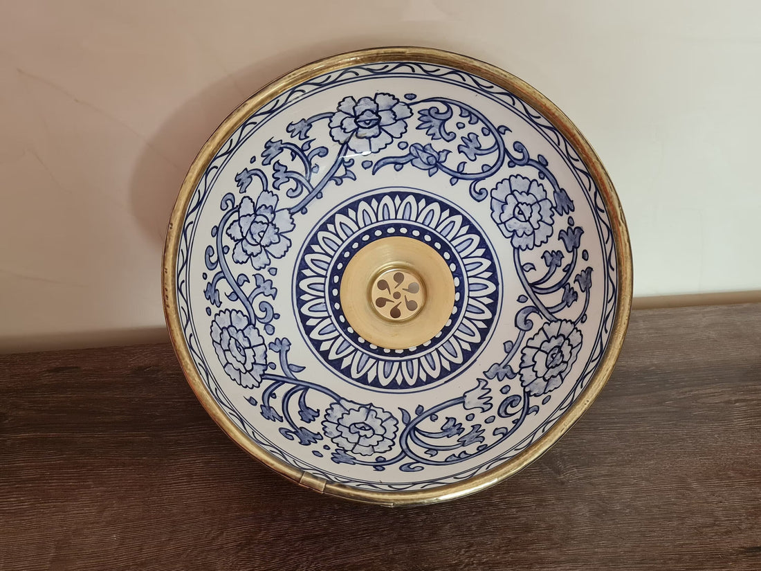 Handmade Moroccan Ceramic Sink Brass rim #63