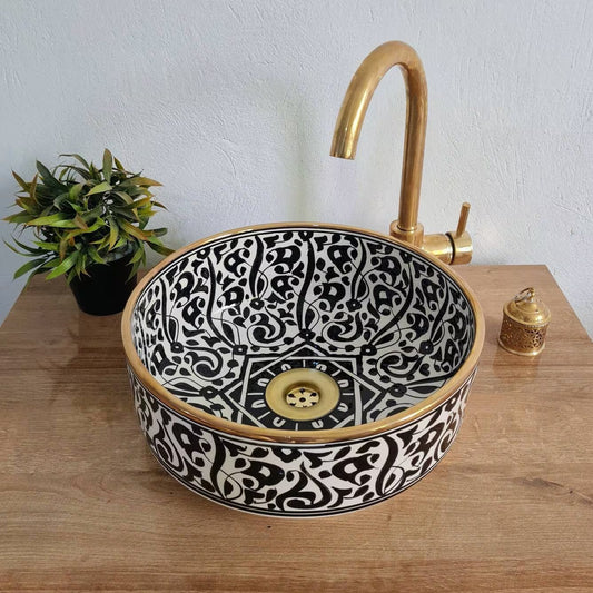 14K Carat Gold contour bathroom sink | Hand painted ceramic sink #73