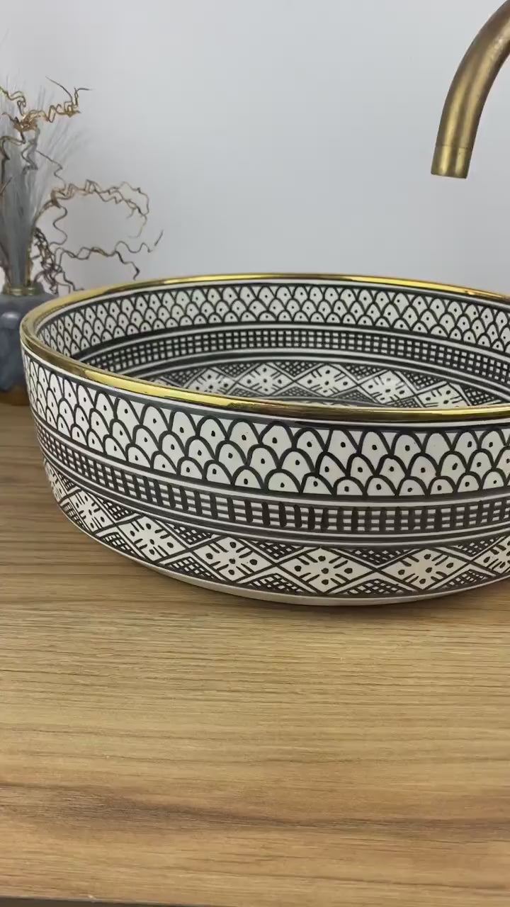 Handmade Moroccan Ceramic Sink Golden Rim 14k Carats#259