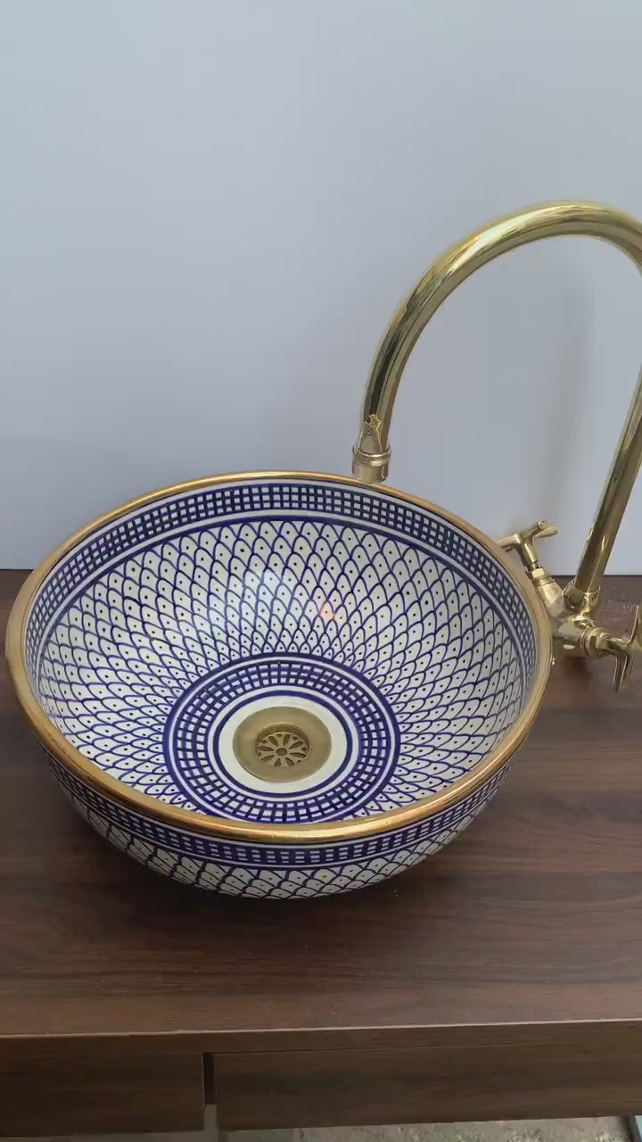 Handmade Moroccan Ceramic Sink Golden rim 14k karat #20A