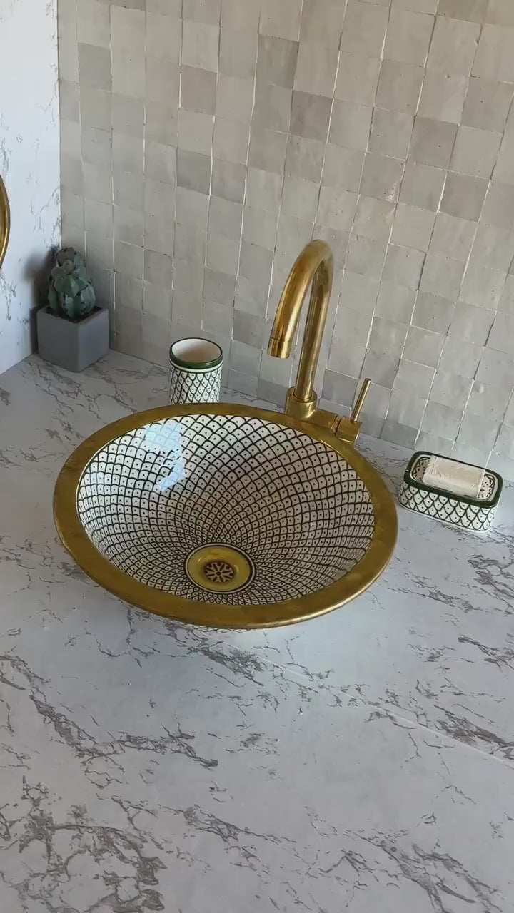 Handmade Moroccan Ceramic Sink Brass rim #127A