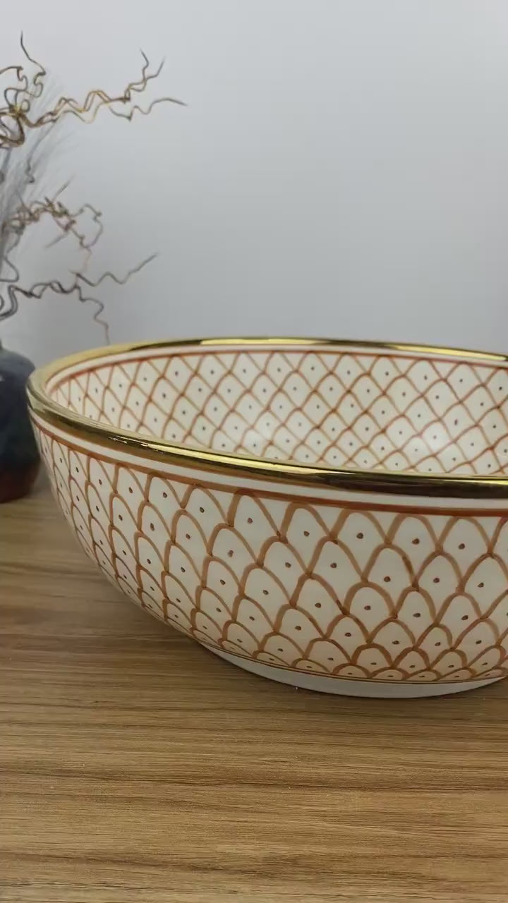 Handmade Moroccan Ceramic Sink Golden Rim 14k Carats #256