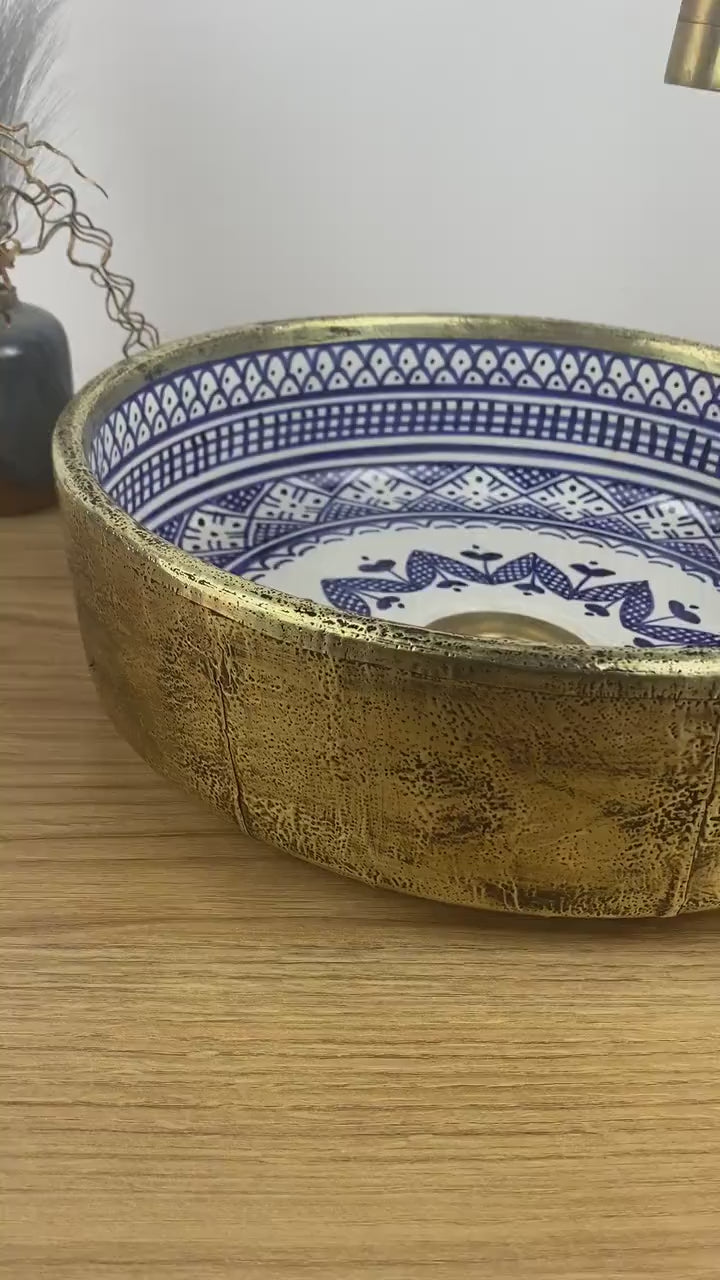Handmade Moroccan Ceramic Sink with Brass Cover #225