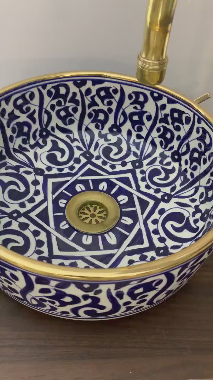 Handmade Moroccan Ceramic Sink Golden rim 14k karat #20J