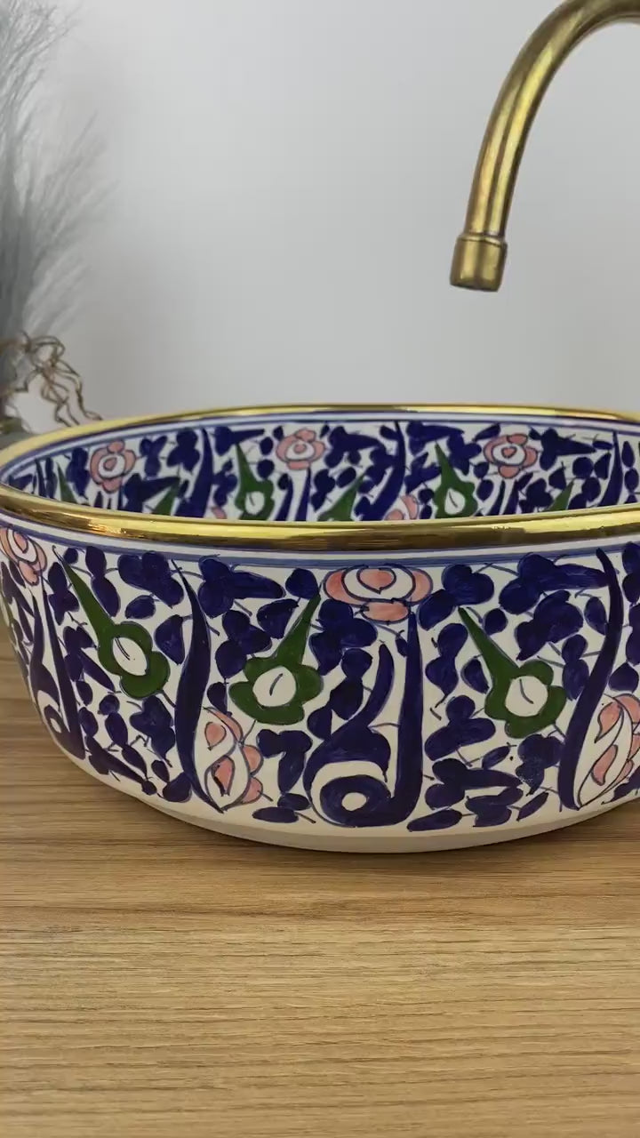 Handmade Moroccan Ceramic Sink Golden Rim 14k Carats #254