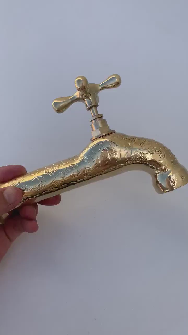 Moroccan Faucet Engraved in Unlacquered Brass - Handmade Moroccan Faucet - Wall Mounted Faucet