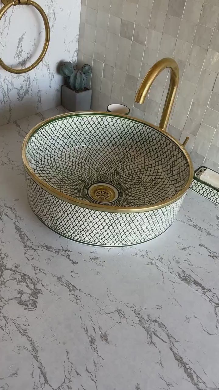 Handmade Moroccan Ceramic Sink Brass rim #128
