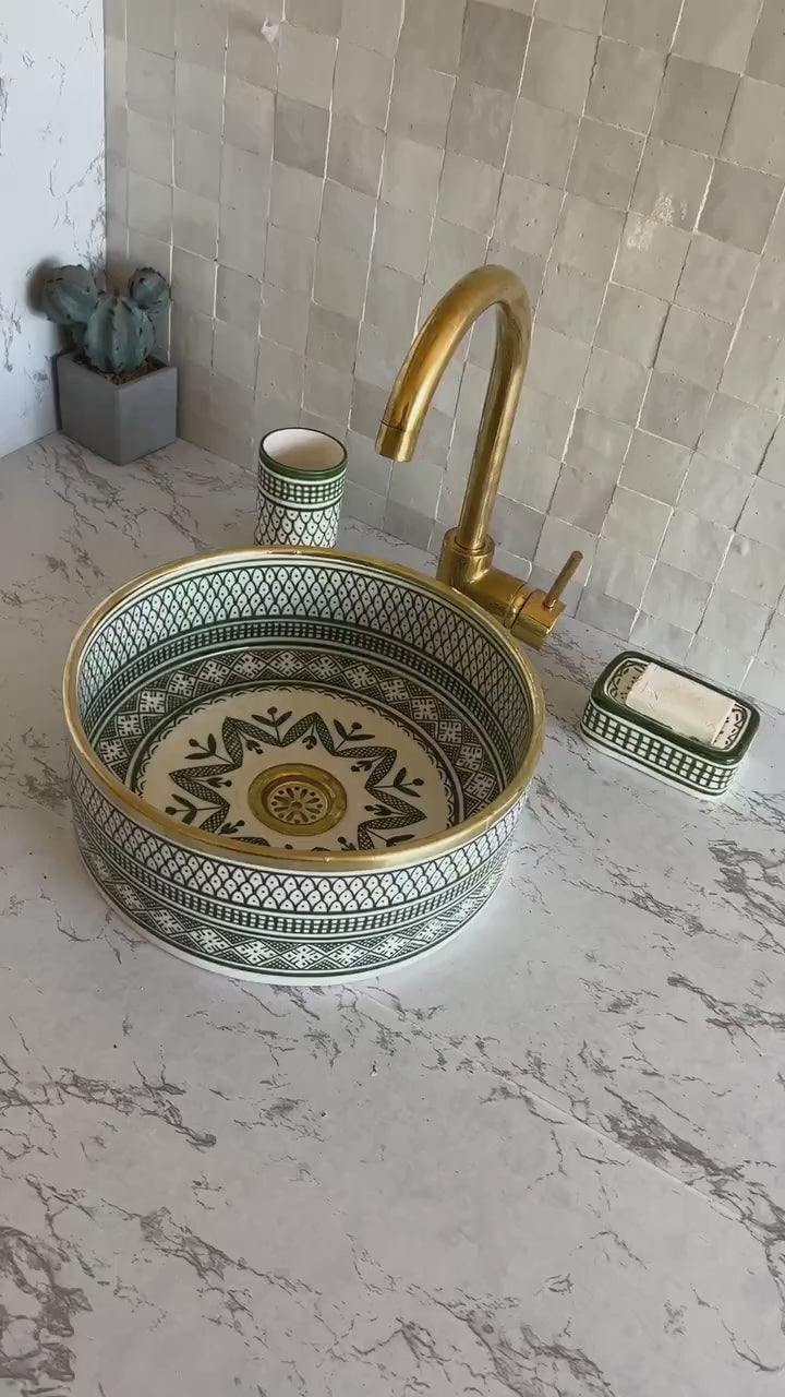 Handmade Moroccan Ceramic Sink Brass rim #124
