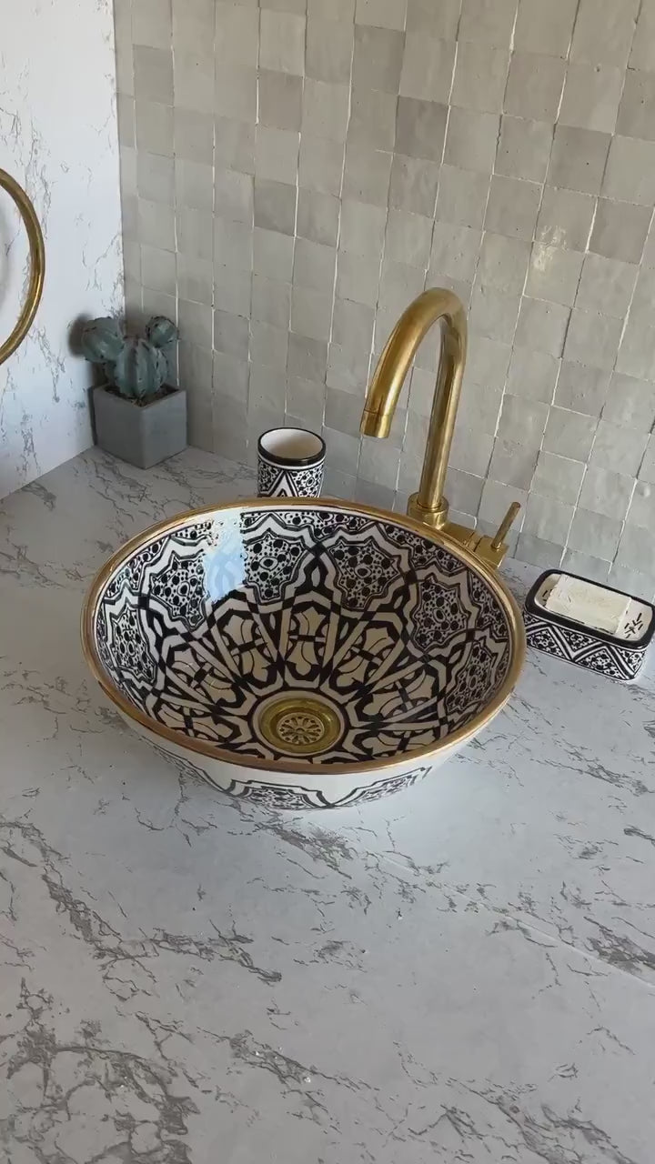 Handmade Moroccan Ceramic Sink Golden Rim 14k #128X