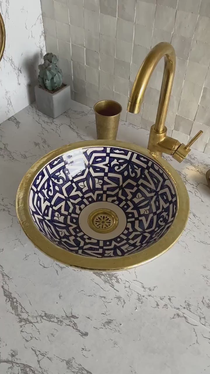 Handmade Moroccan Ceramic Sink Brass rim #127
