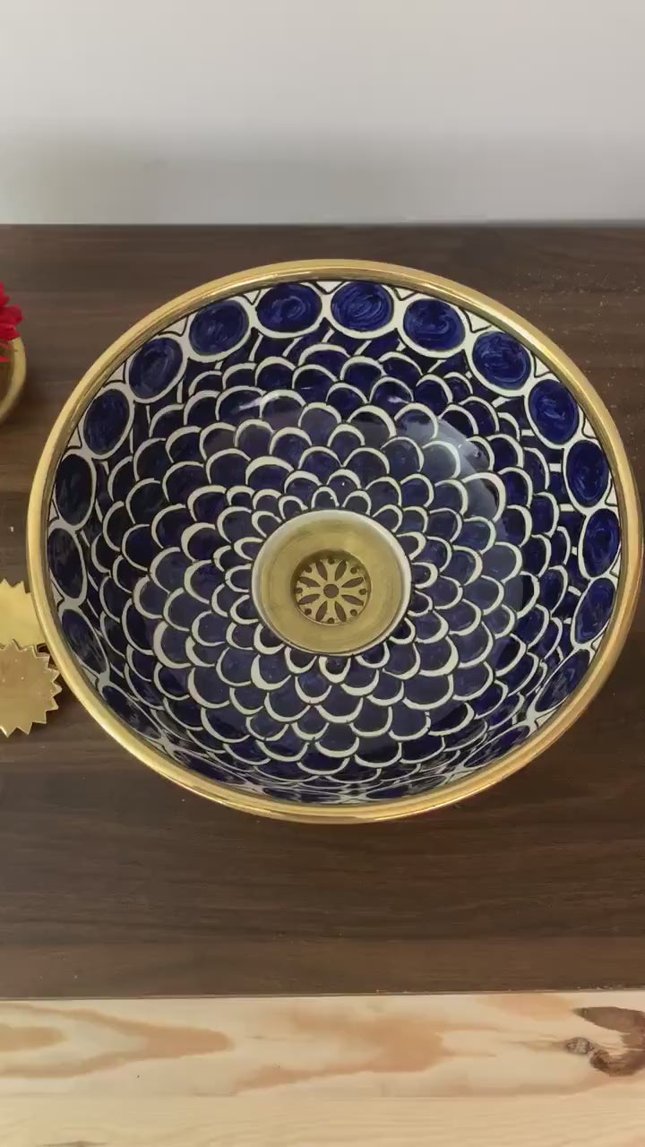 Handmade Moroccan Ceramic Sink Golden rim 14k karat #20L