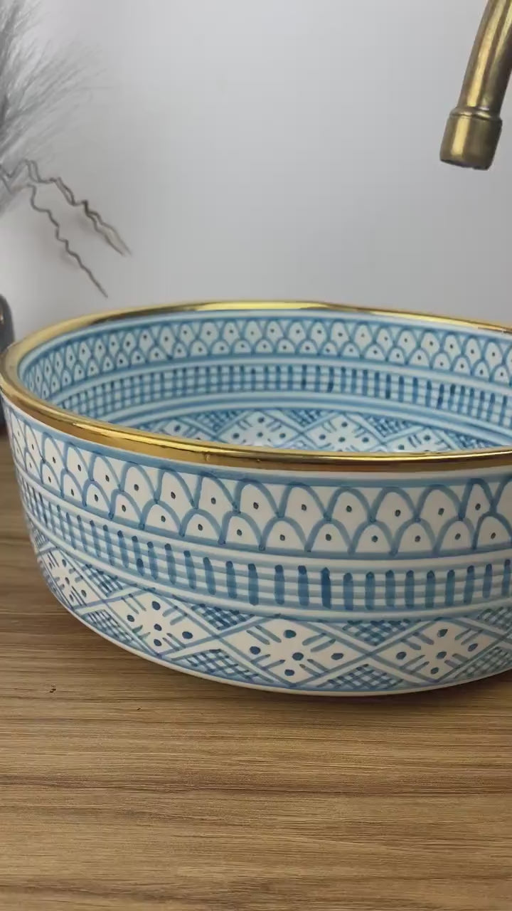 Handmade Moroccan Ceramic Sink Golden Rim 14k Carats #251