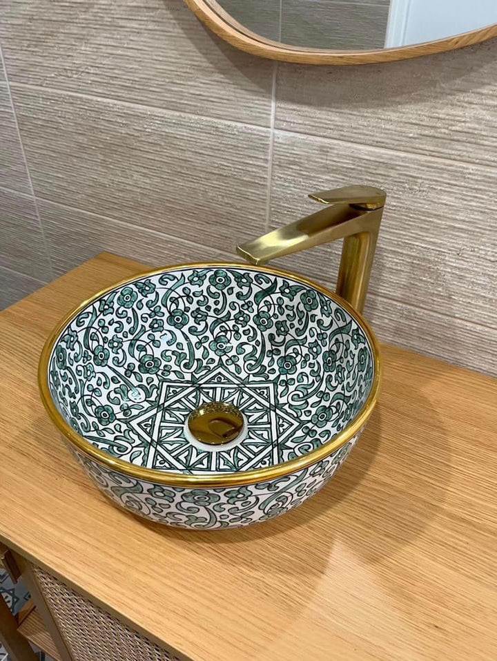 Handmade Moroccan Ceramic Sink Golden Rim 14K Carats #240M