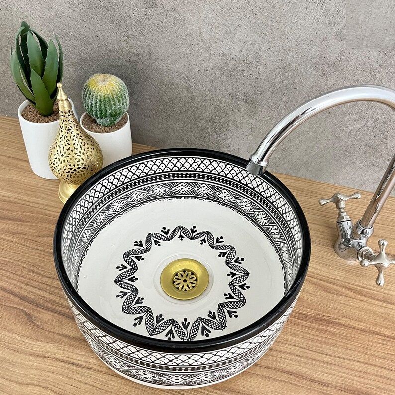 Moroccan sink | moroccan ceramic sink | bathroom sink | moroccan bathroom basin | cloakroom basin | Black and white sink bowl #185Q