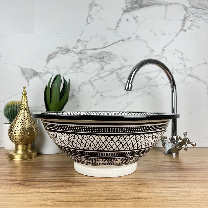 Moroccan sink | moroccan ceramic sink | bathroom sink | moroccan bathroom basin | cloakroom basin | Black and white sink bowl #185S