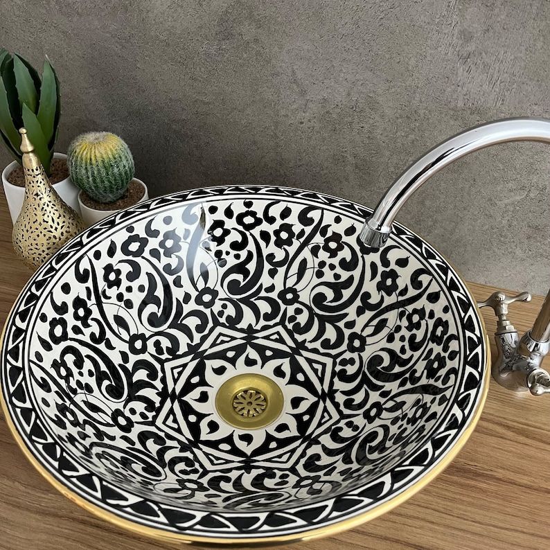 Handmade Moroccan Ceramic Sink Golden rim 14k karat #20T 