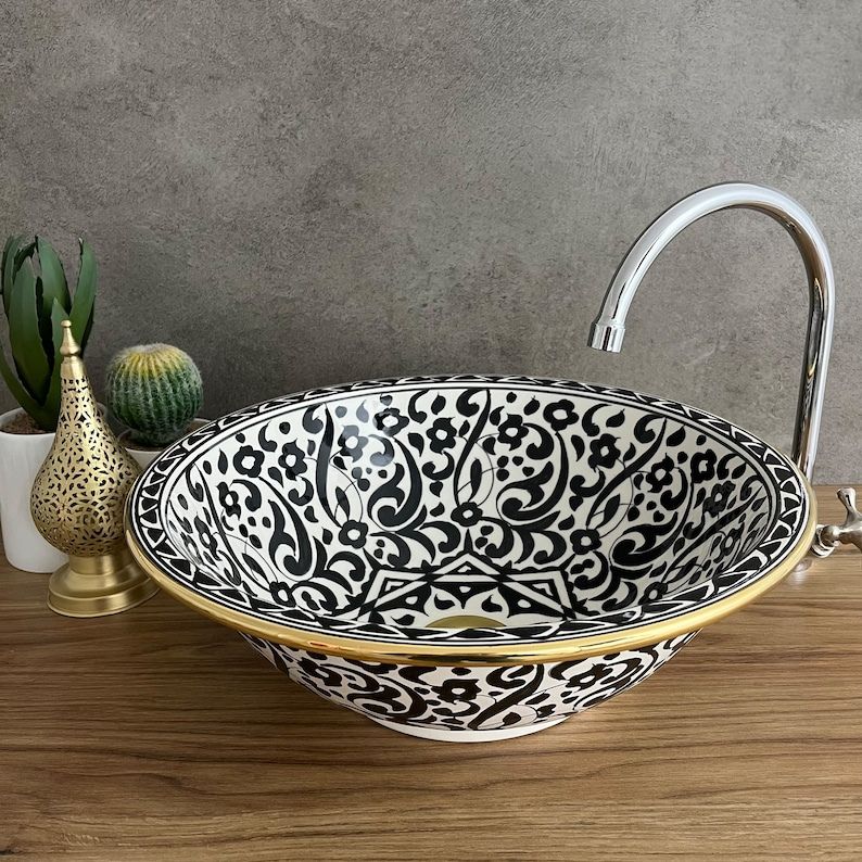 Handmade Moroccan Ceramic Sink Golden rim 14k karat #20T 