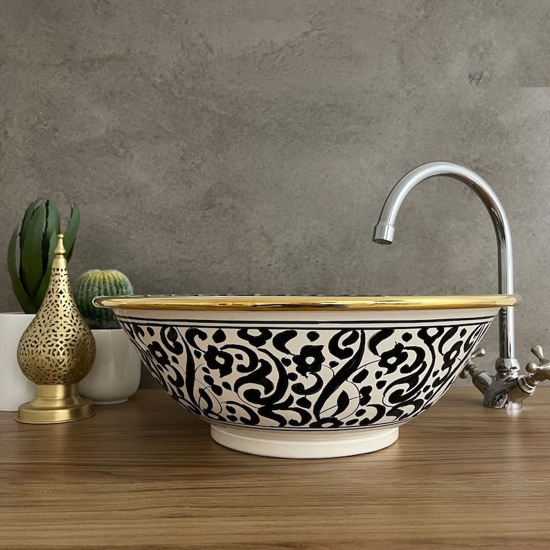 Handmade Moroccan Ceramic Sink Golden rim 14k karat #20T 