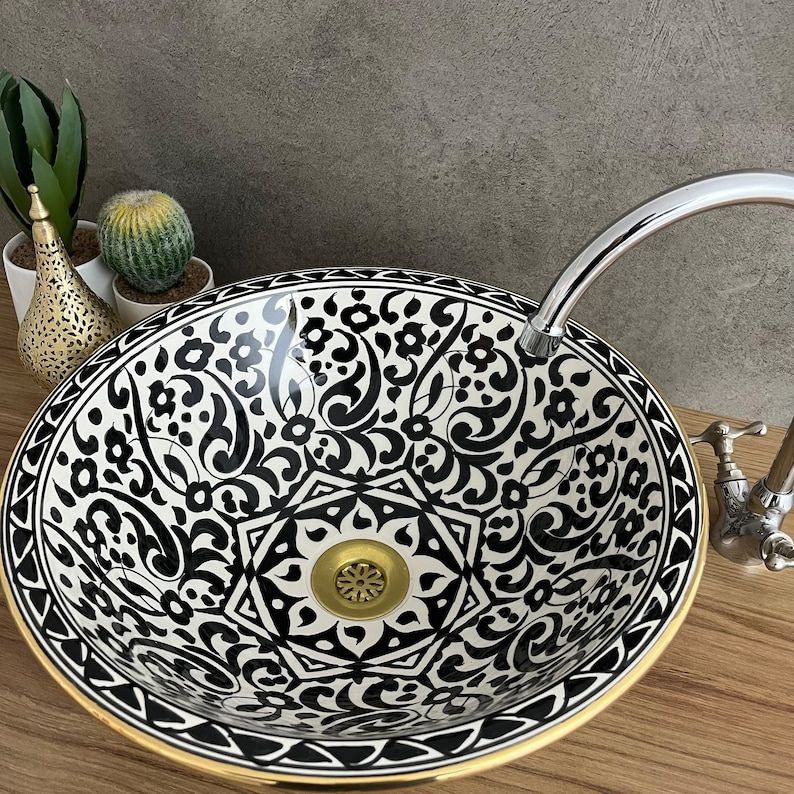 Handmade Moroccan Ceramic Sink Golden rim 14k karat #20T 