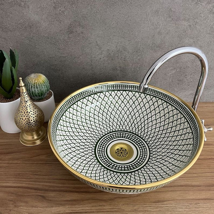 Moroccan sink 14k carats gold rim - Hand painted ceramic sink - Mid century modern bathroom sink #20Q