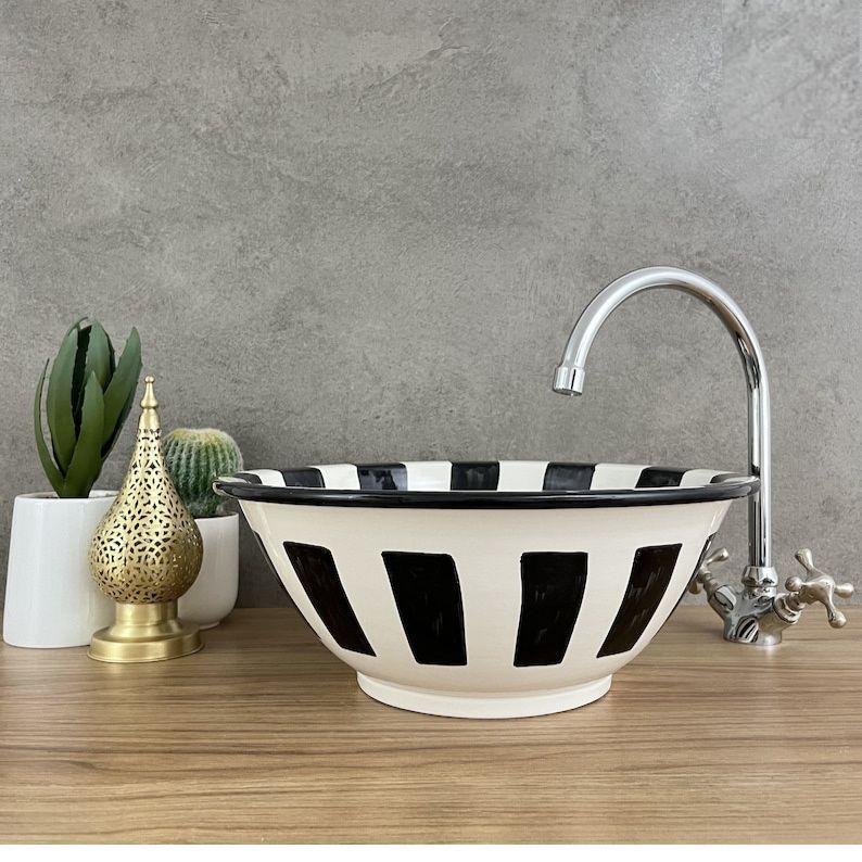 Moroccan sink | moroccan ceramic sink | bathroom sink | moroccan bathroom basin | cloakroom basin | Black and white sink bowl #185M