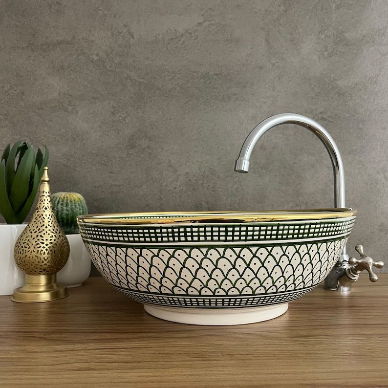Moroccan sink 14k carats gold rim - Hand painted ceramic sink - Mid century modern bathroom sink #20Q