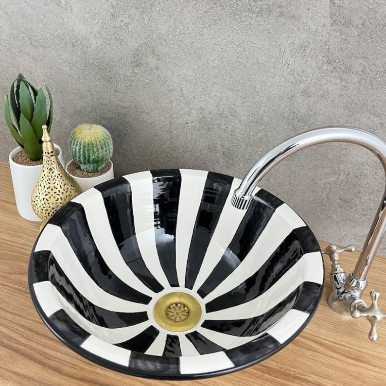Moroccan sink | moroccan ceramic sink | bathroom sink | moroccan bathroom basin | cloakroom basin | Black and white sink bowl #185M