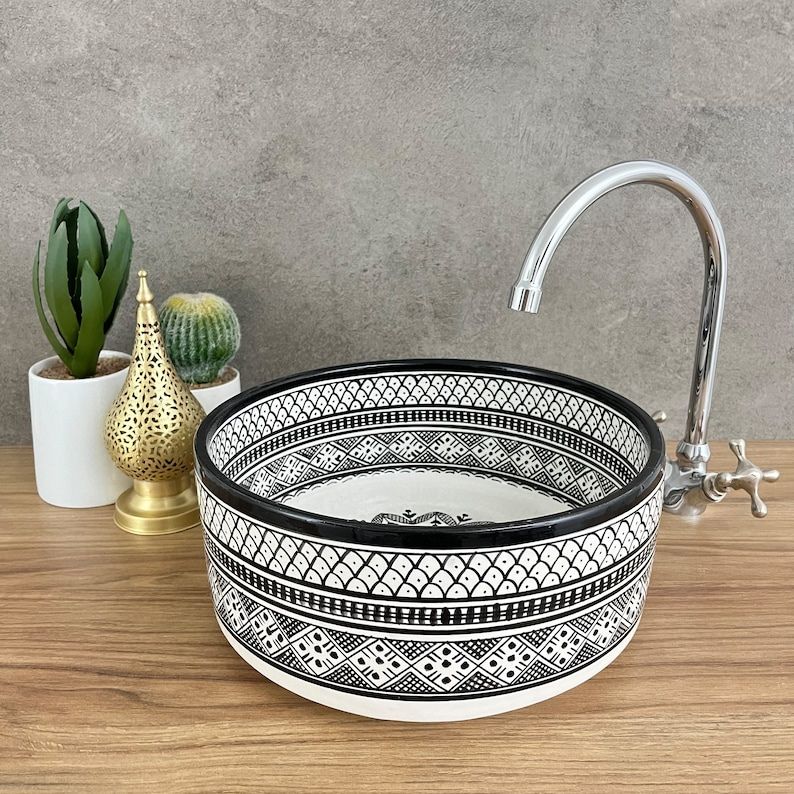 Moroccan sink | moroccan ceramic sink | bathroom sink | moroccan bathroom basin | cloakroom basin | Black and white sink bowl #185Q