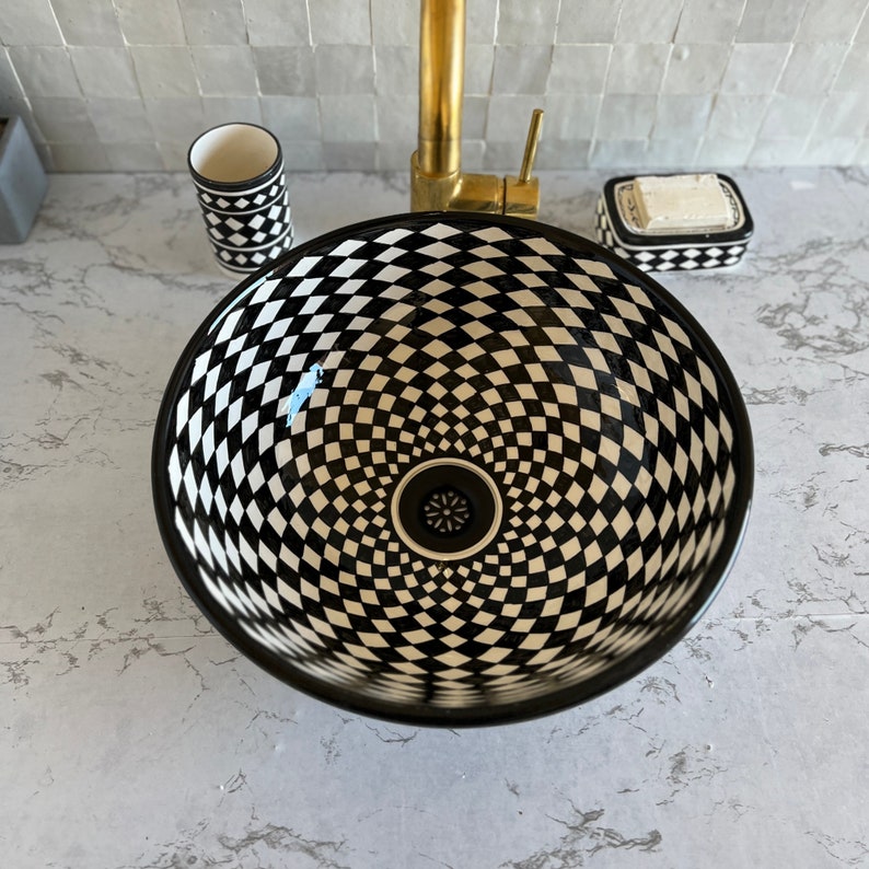 Moroccan sink | moroccan ceramic sink | chackered sink bowl | moroccan bathroom basin | moroccan sink bowl | Black and white sink bowl #52B