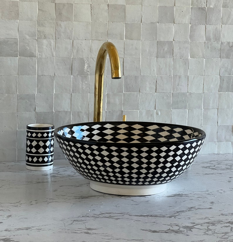 Moroccan sink | moroccan ceramic sink | chackered sink bowl | moroccan bathroom basin | moroccan sink bowl | Black and white sink bowl #52B