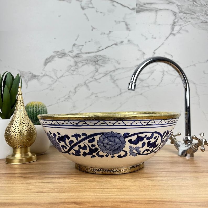 Handmade Moroccan Ceramic Sink brass rim 129B