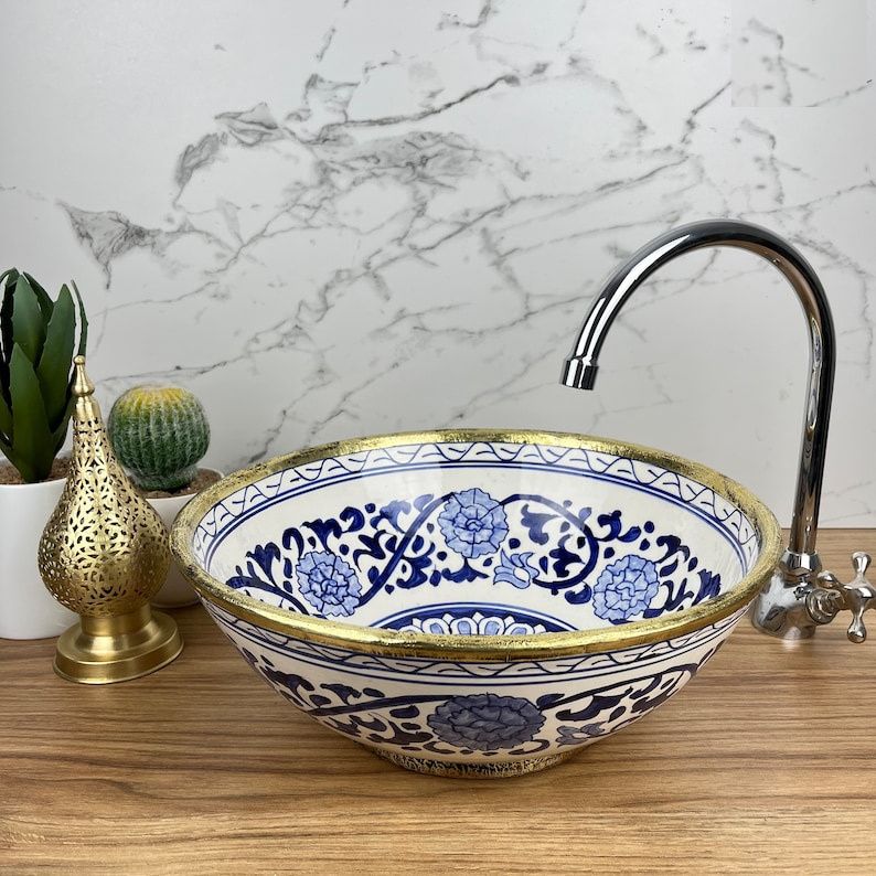 Moroccansink - Moroccan ceramic sink - Bathroom-sink - brass rim 129B