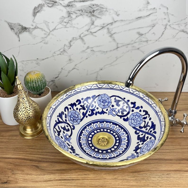 Moroccansink - Moroccan ceramic sink - Bathroom-sink - brass rim 129B