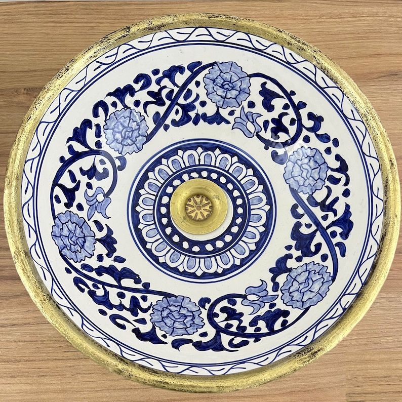 Handmade Moroccan Ceramic Sink brass rim 129B