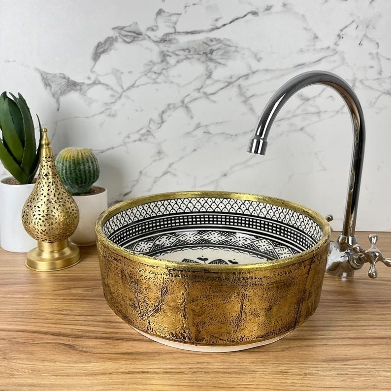 Handmade Moroccan Ceramic Sink Brass Rim #225