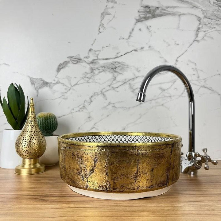 Handmade Moroccan Ceramic Sink Brass Rim #225