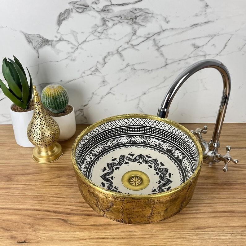 Handmade Moroccan Ceramic Sink Brass Rim #225