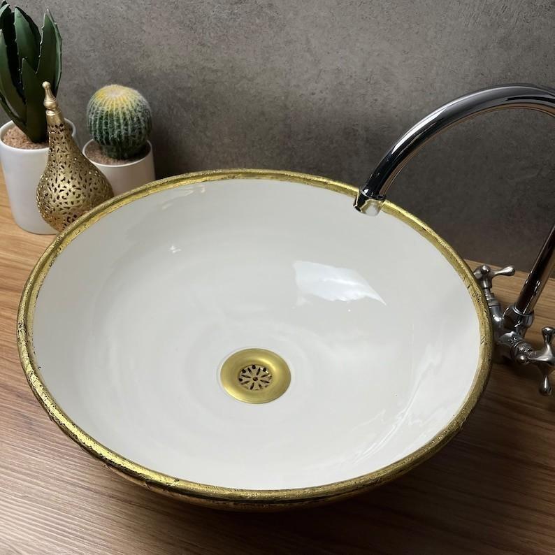Handmade Moroccan Ceramic Sink Brass rim #127bb