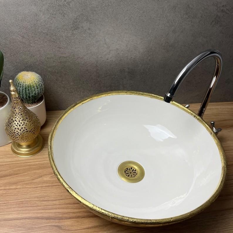 Handmade Moroccan Ceramic Sink Brass rim #127bb