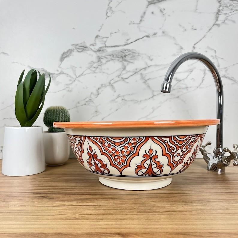 Moroccan sink | moroccan ceramic sink | bathroom sink | moroccan bathroom basin | moroccan sink bowl | Orange sink bowl #221